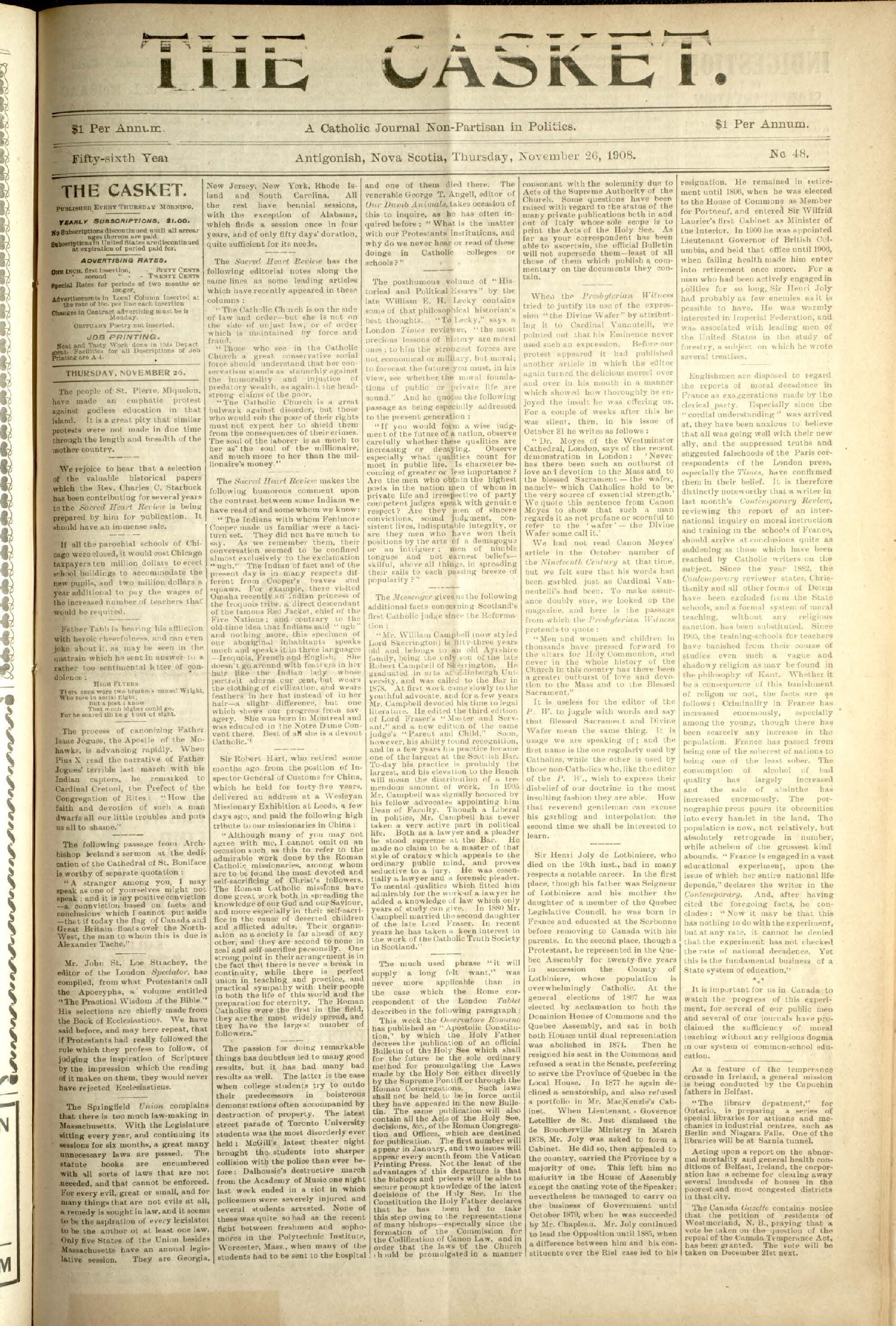 The Antigonish Casket – 26 November 1908